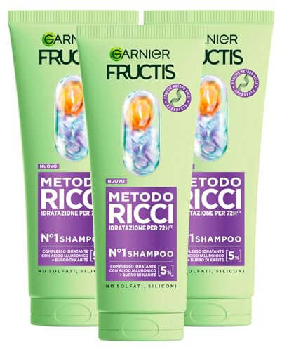 Garnier Fructis Feuchtigkeitsspendendes Shampoo für Locken mit Hyaluronsäure und Sheabutter revitalisiert die Locken vegane Formel ohne Silikone für die Haarpflege - 3 Flaschen à 200 ml