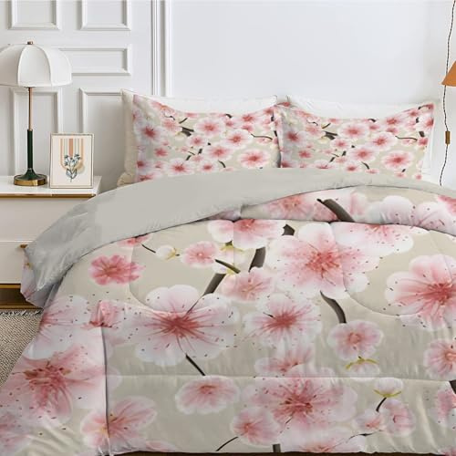 Qiwagu Couette 220x240 Fleurs Roses, Marron Clair Réversible 2 Personnes sans Housse, Lavable en Machine, 4 Saisons Légère Chaud avec 2 Taies d'oreiller, B774
