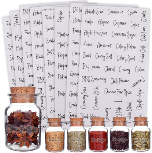 SOFPLATE 12 hoja (2196 unidades) de Etiquetas Adhesivas para Condimentos, Etiquetas Blancas con Nombre de Especias, Preimpresas En Cursiva Negra, Etiquetas Adhesivas de PVC Impermeables para Cocina, C