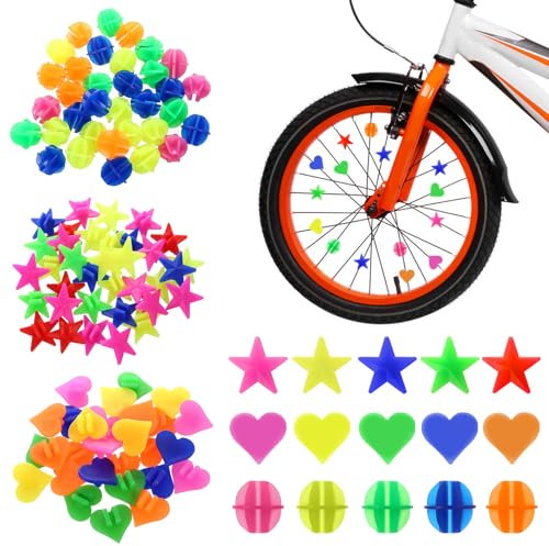 Tenbrachian 240 STK Bunten Fahrradspeichen Dekorationen, Speichenreflektoren Fahrrad Bunt, Speichenklicker Fahrrad Zubehör, Reflektierende Speichenperlen Deko(rund, Stern, Herz)