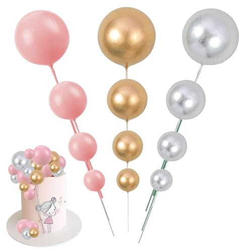 GGUFAY 60 Pz Palla Cake Topper, Decorazioni Schiuma Cupcake Topper,Mini Palloncini Cake Topper Bastoncini Palline di Schiuma Cake Picks,per Matrimonio Festa Compleanno,Oro+Argento+Rosa