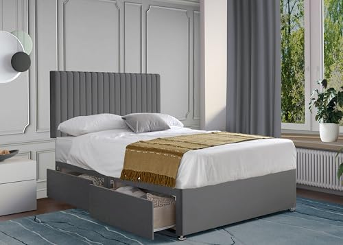 ComfoRest – Spacious 6FT Super King Size Divan Bed with Mattress and Malia Headboard – 2 Drawer Storage Base | Bed & Mattress Sets | Super King Frame for Stylish Bedrooms (Grey Plush)