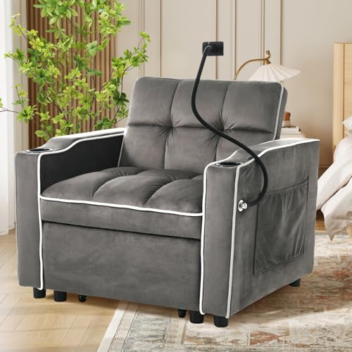 SoarFlash 3-in-1 ausziehbares Sofabett, gepolstertes 1-Sitz-Relaxsessel mit Seitenfach, Trinkhaltern & Telefonhalter, ideal für kleine Räume, 83 x 167 x 76 cm, Dunkelgrau