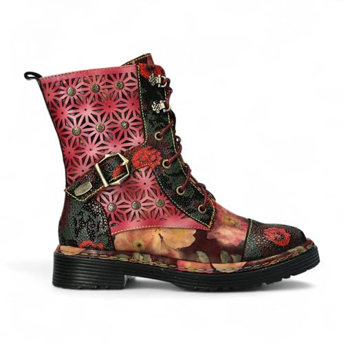 Laura Vita Women’s Incaso-36 Gothic Victorian Floral Leather Lace-Up High Ankle Boots – Side Zip Closure