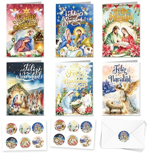 HOWAF 12 Tarjetas Navidad Tarjeta Nacimiento Belen Navidad Portal de Belen Jesús Felicitaciones Navideñas Christmas Cards con Sobres Stickers Pegatinas Navideñas para Regalos navidad Christmas Gifts