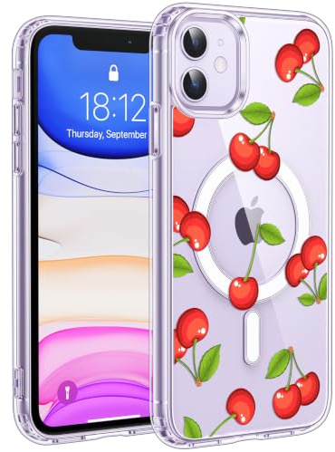 Jkvare for iPhone 11 Case, Crystal Clear Aesthetic Pattern Wireless Magnetic Protective Phone Cover for Women Girls - Cherry Delight