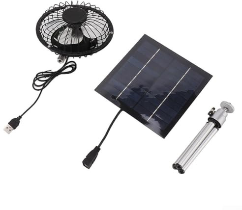 Ventilador USB portátil de panel solar de 10 W con soporte telescópico para exteriores, camping, viajes y uso doméstico, salida de alimentación de 12 V con entrada/salida de 2 A para carga de batería