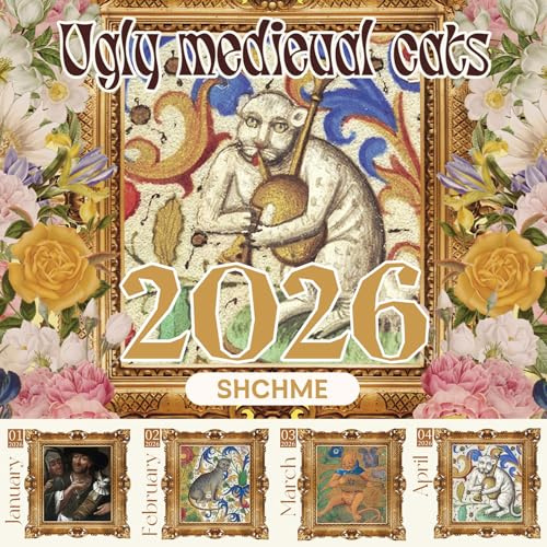 Kalender 2026 mit hässlichen mittelalterlichen Katzen, lustige Wichtel-Geschenke, Wichtel-Ideen, Wandbehang, lustiger Kalender Januar bis Dezember, seltsame mittelalterliche Katzen, Kalender für