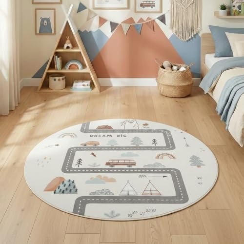 Carpettex Kinderteppich Straße Spielteppich rund 200 cm für Kinderzimmer in Creme mit Fahrzeug und Natur Motiv ideal für große Spielflächen detailreiches Motiv für fantasievolles Spielen