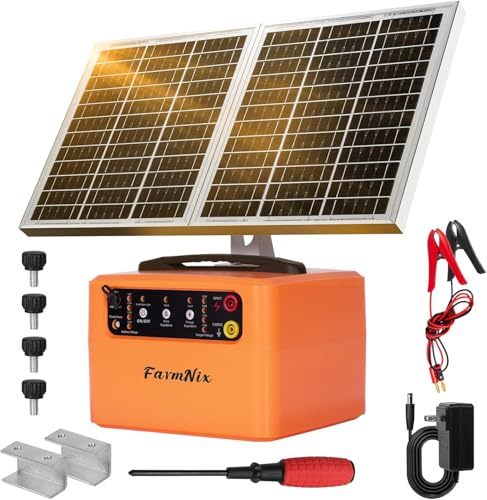 48KM Solar Weidezaungerät 6–12KV Einstellbar, 0,3–1,5J Elektrozaungerät | 15W Solarpanel, 12V Akku, 24H Schutz für Weidezaun, Rinder, Pferde, Schafe & Garten