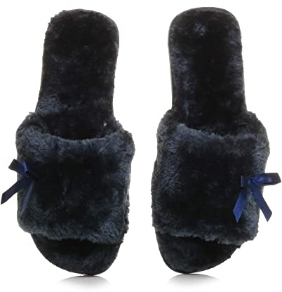 AJVANI Womens ladies flat peep toe bow cosy faux sheepskin fur slip on slippers size