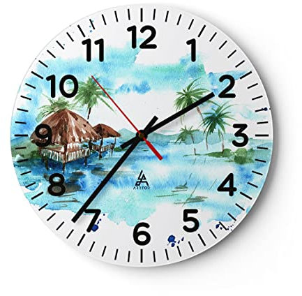Modern Wanduhr Tropen Wasser Bungalow Ufer 40x40cm Rund Groß Wand Uhr Glas Analog Zimmeruhren Küche Büro Wohnzimmer Glasuhr Wall Clock Dekoration Design Wanddekoration Küchenuhr C4AR40x40-2988