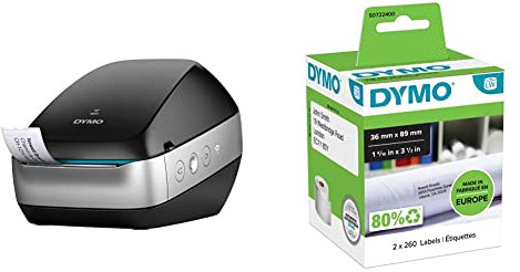 DYMO LabelWriter Wireless-Etikettendrucker, schwarz + Dymo S0722400 Adressschilder (selbstklebende große, für LabelWriter, 3,5 cm x 8,9 cm, 260er-Rolle) 2er-Packung, schwarz und weiß