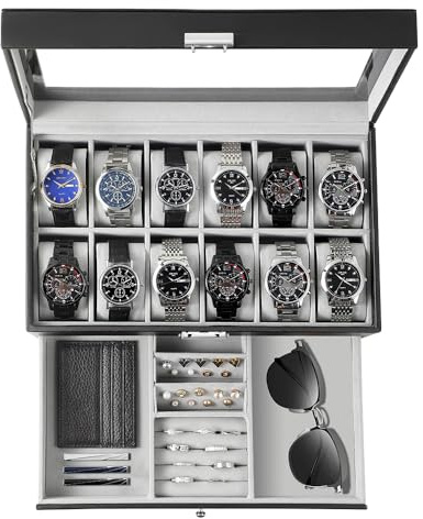 GUKA 12-Slot Watch Box Organizer with Glass Lid, 2-Tier Leather Case