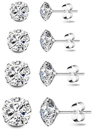 Deyanse Damen Silber Ohrstecker, 4 Paare 925 Sterling Silber Zirkonia Ohrstecker Ohrringe Set, Hypoallergen Unisex Klein Schlafen Knorpel Ohrstecker mit 5A Zirkonia, Ohrringe Größe in 3, 4, 5, 6mm