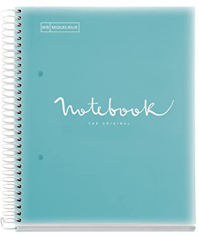 Miquelrius - Notizbuch A5 Notebook Emotions, 120 Blatt 90 g/m², Raster 5 x 5 mm, 5 Farbige Streifen, Mikroperforierte Spirale, Polypropyleneinband, Himmelblau