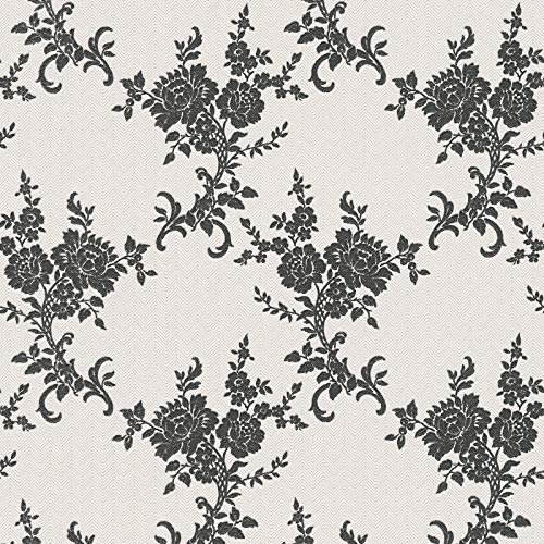 Barock Tapete in Schwarz Weiß | Florale Papiertapete mit Vinyl für Wohnzimmer und Schlafzimmer | Elegante Wandtapete mit Zickzack Muster und Blumen