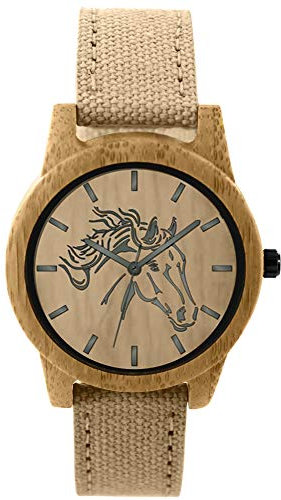Pacific Time Damen Armbanduhr Pferd Holz Canvas Uhrenarmband Textil beige analog Quarz 87204