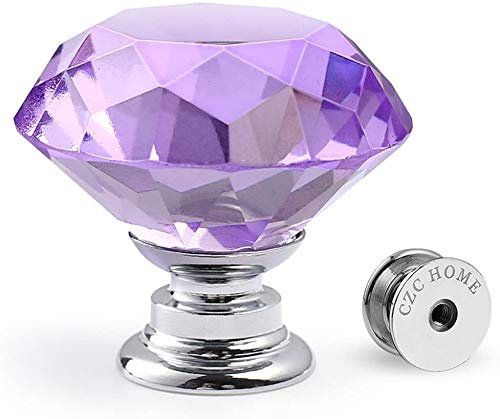 CZC HOME 10pcs 30mm Crystal Glass Door Drawer Knobs Diamond Cut Drawer Handles with 3 Sizes Screws for Cupboard Cabinet Wardrobe Home Decorating, Purple