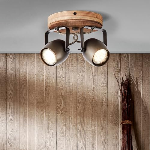 Lightbox Retro Deckenstrahler, 2-flammig, 2x GU10 max. 20W, Metall/Holz von der Kiefer - schwarzer Stahl/Braun