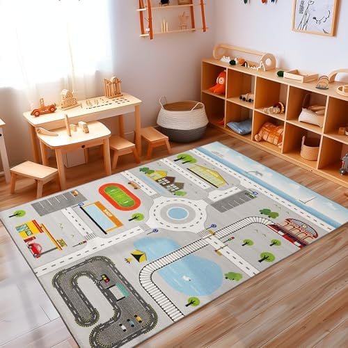 Carpettex Kinderteppich rutschfest | Lehrreiche Straße Design 160 x 230 cm | Kein Abwurf | Kurzflor und Waschbarer Spielteppich für Kinderzimmer für Mädchen und Jungen | Fußball, Auto