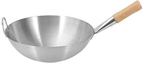 Lurrose Cinese Ferro pentola in Acciaio Inox Vintage Singola Maniglia friggere Wok Asiatico Pow Wok Padella utensile da Cucina per la casa Ristorante 32 cm