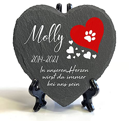 Individueller Personalisiert Herzform Tiergrabstein Schiefer Gedenkstein + Ständer für Hund, Katze und andere Haustiere Tiere - Größe | 10 x 10 cm | - Rotes Herz