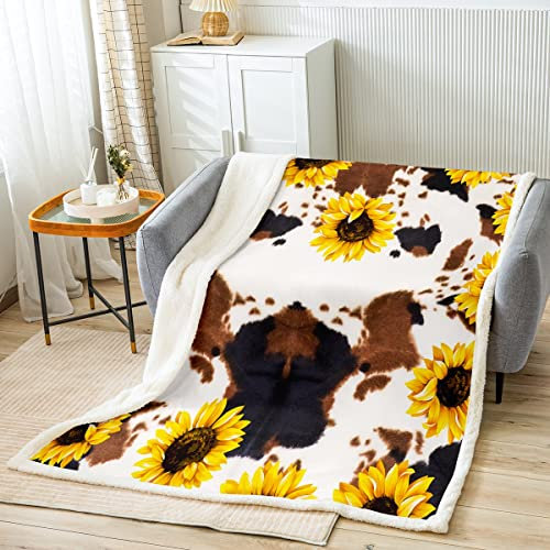 Kuh Druck Sherpa Plüsch Decke Schlafsofa Dekor,Weiß Braun Schwarz Kuhfell Sonnenblume Decke 130x150 Bauernhaus Dekor,Gelbe Blumen Highland Kuhfell Fleecedecke,Western Lustige Tier Fuzzy Decke