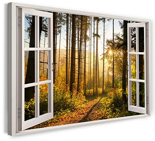 Print on Canvas (100x70 cm) view from the window - sun rays forest nature fog - nature photography, real wood frame with hook