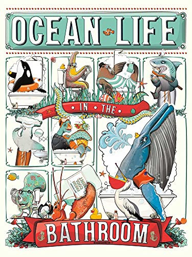 Ocean Life in the Bathroom, lustiges Poster von Meerestieren mit Toilette und Badewanne (30,5 x 40,6 cm (ungerahmt))