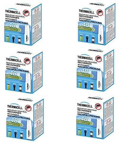 THERMACELL 6 Recharges Anti-Moustiques et Moustiques Tigres - Protection Efficace 20m²- Compatible avec Diffuseurs, Nomades et Lanternes - Durée 48h - 24 Cartouches Gaz + 72 plaquettes THRECHARG48NX6