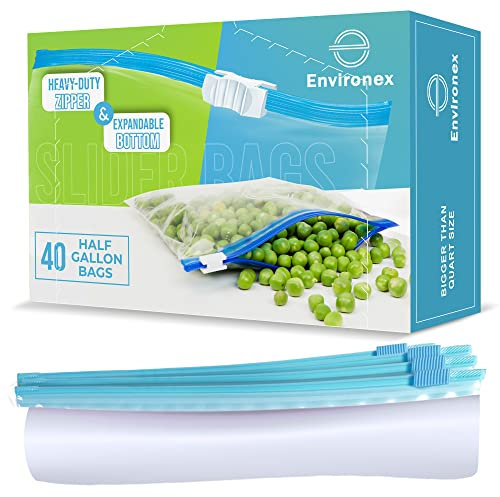 ENVIRONEX 40pcs Slider Freezer Bags Half Gallon (2.27L) - Reusable Ziplock Bags for Food Storage, Snacks, Fruits, Veggies - Airtight, Expandable Bottom