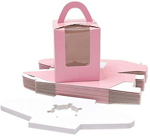 Goalfly Cupcake Boxes Individual with Window & 1 Hole Insert, Pink, 24 Pack | for Bridal Showers, Weddings, Birthday Parties