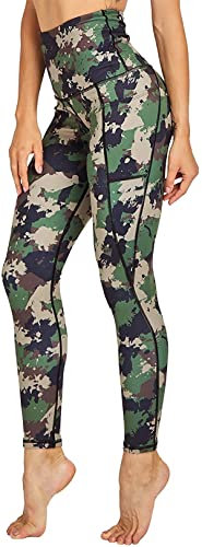 In One Clothing - Damen Leggings für Sport, Fitness, Outdoor und Loungewear, super elastisch und mit hohem Bund für knitterfreien, komfortablen Sitz - in Armee grüner Camouflage Optik - Grösse L