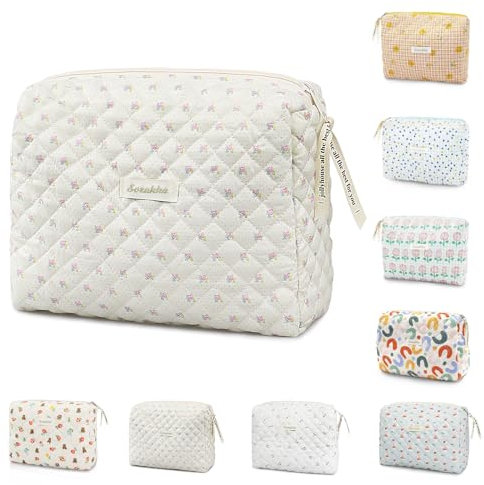 Trousse de toilette de voyage, sac de maquillage de voyage floral en coton, sac cosmétique portable, sac de rangement de maquillage de voyage pour femmes et filles, beige, Motif floral