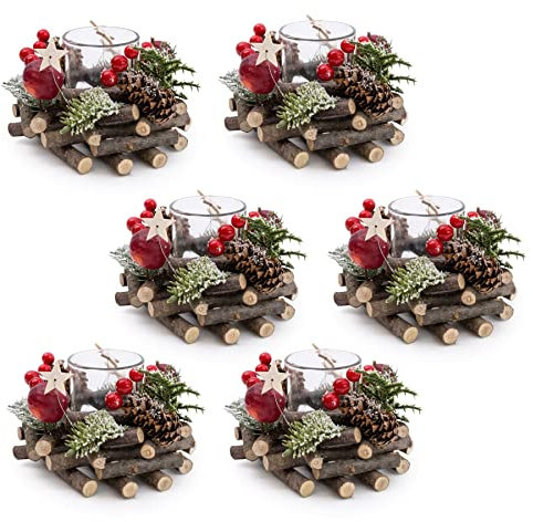 Set Of 6 Christmas Tealight Candle Holder | Christmas Candle Berry & Pinecone Table Centrepiece Decorations | Christmas Wreath Tea Light Holder Centrepiece For Dining Table