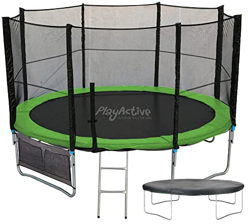 PlayActive 6ft / 8ft / 10ft / 12ft / 14ft / 16ft Kids Trampoline with Safety Enclosure Net, Ladder, Weatherproof Cover, Shoe Bag Included (Green, 16ft)