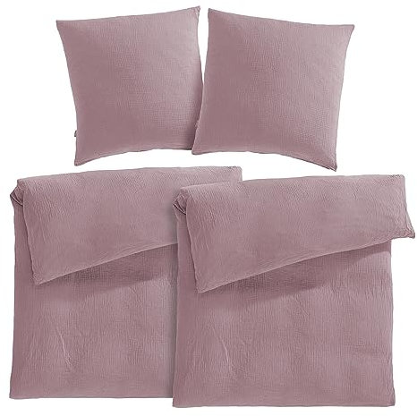 Pure Label Musselin Bettwäsche 155x220 4 teilig bestehend aus Bettbezug 155 x 220 cm 2er Set + Kissenbezug 80x80 cm 2er Set aus Baumwolle - Traumhaft kuschelige Bettwäsche-Sets in Mauve