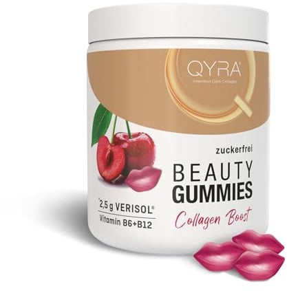 QYRA Kollagen Gummibärchen – 2,5 g VERISOL® Kollagenpeptide + Vitamin B6 & B12 – Kollagen Gummies für Haut, Haare & Nägel – Kirschgeschmack, zuckerfrei, halal, glutenfrei – Made in Germany