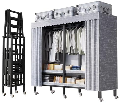 Kleiderschrank Aus Rollen, Tragfähigkeit 900kg, Stoffschrank Stabil Faltschrank Mit 2 Kleiderstange & 4 Ablagen,Garderobe Kleiderstangen Mit Kleiderständer Für Schlafzimmer ( Size : 180cm/70.8in )