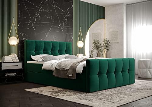PAMIR24 Boxspringbett 140x200 mit Bettkasten und einem leichten Öffnungsmechanismus ausgestattet Bonell-Feder Matratzen und T30-Schaum Doppelbett mit Matratze und Topper Matratzenhärtegrad - H3 Grün
