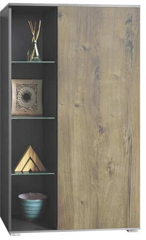 Vladon Vitrine Davos, Made in Germany, Standvitrine mit 3 Glasböden und 8 Fächer, Anthrazit matt/Eiche Ribbeck (71,5 x 134 x 35 cm)
