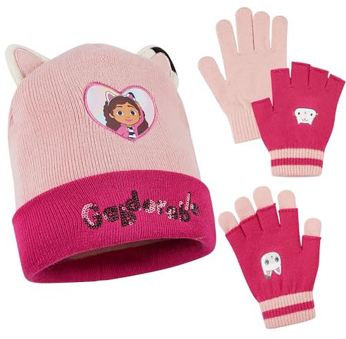 Gabby's Dollhouse Winter Set für Mädchen, Mütze und Handschuhe – Geschenke für Mädchen (Rosa)
