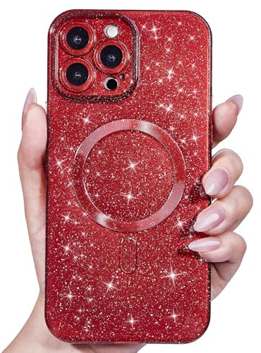Svanove Glitter Case for iPhone 14 Pro Phone Case Magnetic Compatible with Magsafe, Sparkle Bling Shiny Cute Girly Design, Aesthetic Slim Soft TPU Mag Cover for Women Girl, Burgundy Wine