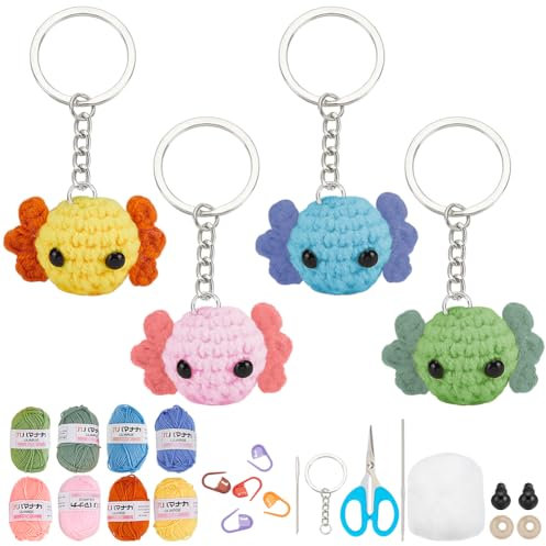 WEBEEDY 4 Set DIY Häkel-Salamander-Schlüsselanhänger-Set Für Anfänger Axolotl Tier-Häkel-Kit Für Erwachsene Mit Schritt-Für-Schritt-Video Ideale DIY-Handwerks-Geschenk Zum Zurück zu Schule Weihnachten