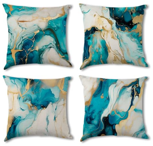 AREBOLO Teal Marble Cushion Covers 45 x 45 cm Pack of 4 Double Sided Turquoise Gold Abstract Modern Decorative Pillowcases Throw Pillow Covers for Living Room Sofa Patio Pillow Cases Home Decor