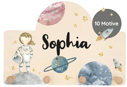 Geschenkfreude Personalsierte Kindergarderobe mit Namen aus Holz - Kinder Garderoben einzigartige Kinderzimmer Deko - individuelle Wandgarderobe - Baby Garderobe - Kleiderhaken für Kinder - Astronaut