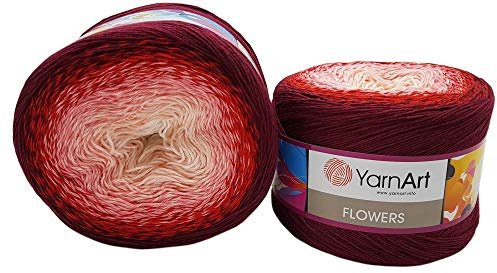 2 x 250g Ilkadim Export Flowers Bobbel Wolle Mehrfarbig, 55% Baumwolle, 500g Bobble Strickwolle mit Farbverlauf (bordeaux rot rosa weiss 269)