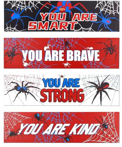 4stk Spiderman Zimmerdeko, 30x8cm Holz Wandbehang mit Spinnenmotiv mit Motivationsschild Inspirierende Wanddekoration zum Aufhängen für Kinderzimmer Spielzimmer Kindergarten