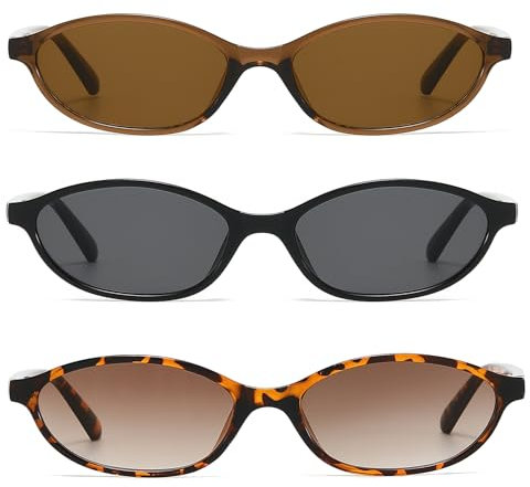 LJCZKA Retro Ovale Sonnenbrille für Damen, 90er Vintage Kleine Katzenaugen Sonnenbrille Mode Oval Brille Schmal Rahmen Schattierungen mit UV Schutz (Schwarz Schwarz+Dunkel Braun Braun+Leopard Braun)